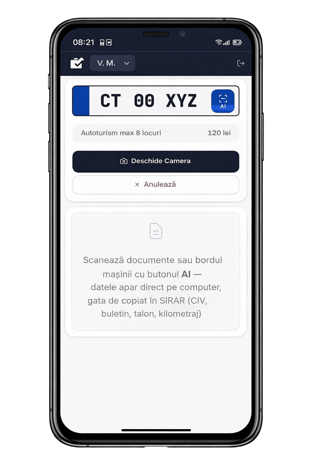 Scanare documente cu AI direct din telefon — CIV, talon, plăcuță