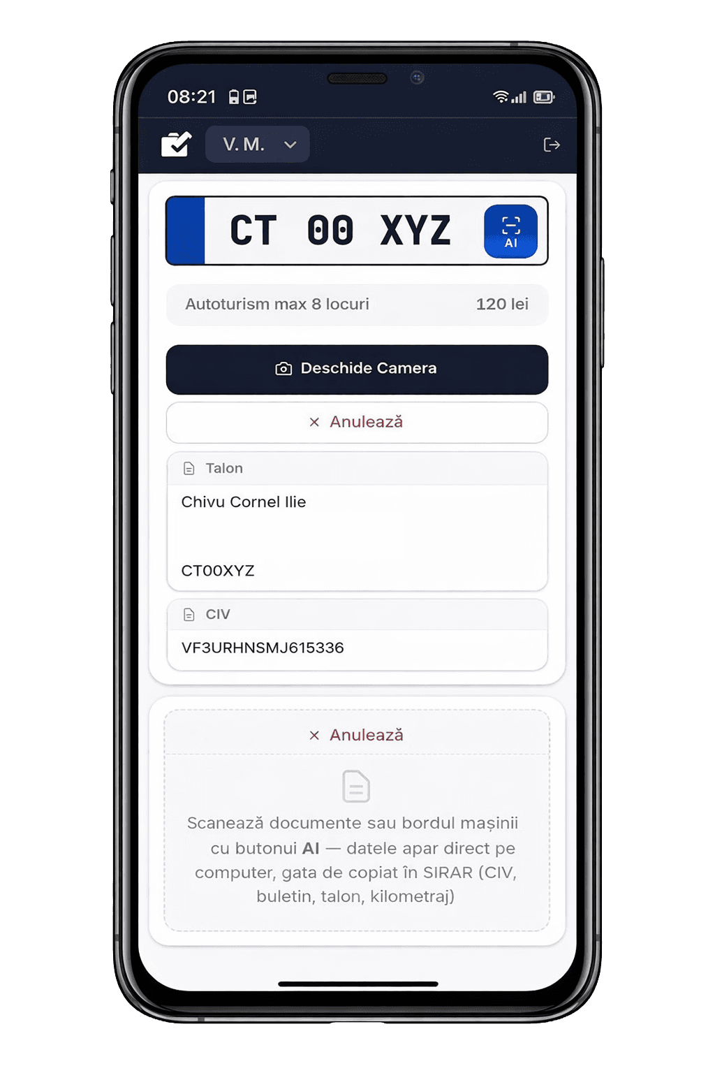 Date extrase automat după scanarea cu AI — Talon și CIV populate